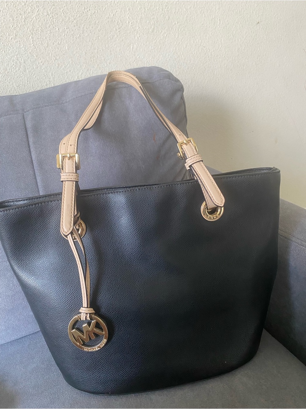 Michael Kors Black Tote with Beige Straps and Gold Accents